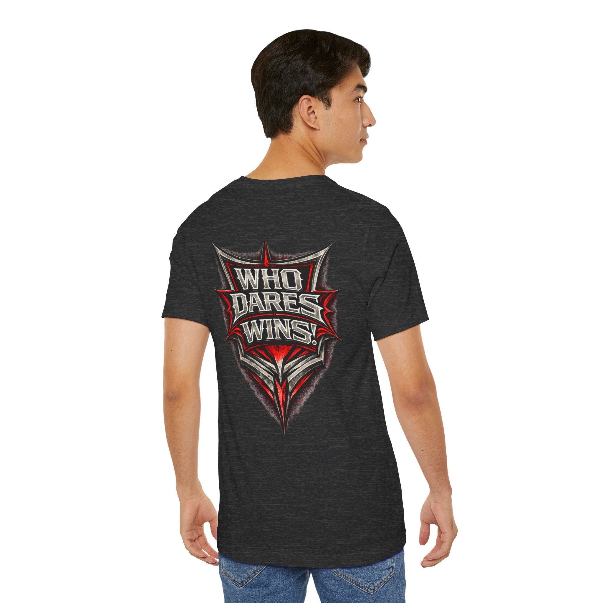 Who Dares Wins Graphic Tee — Bold Red & Silver Shield Design