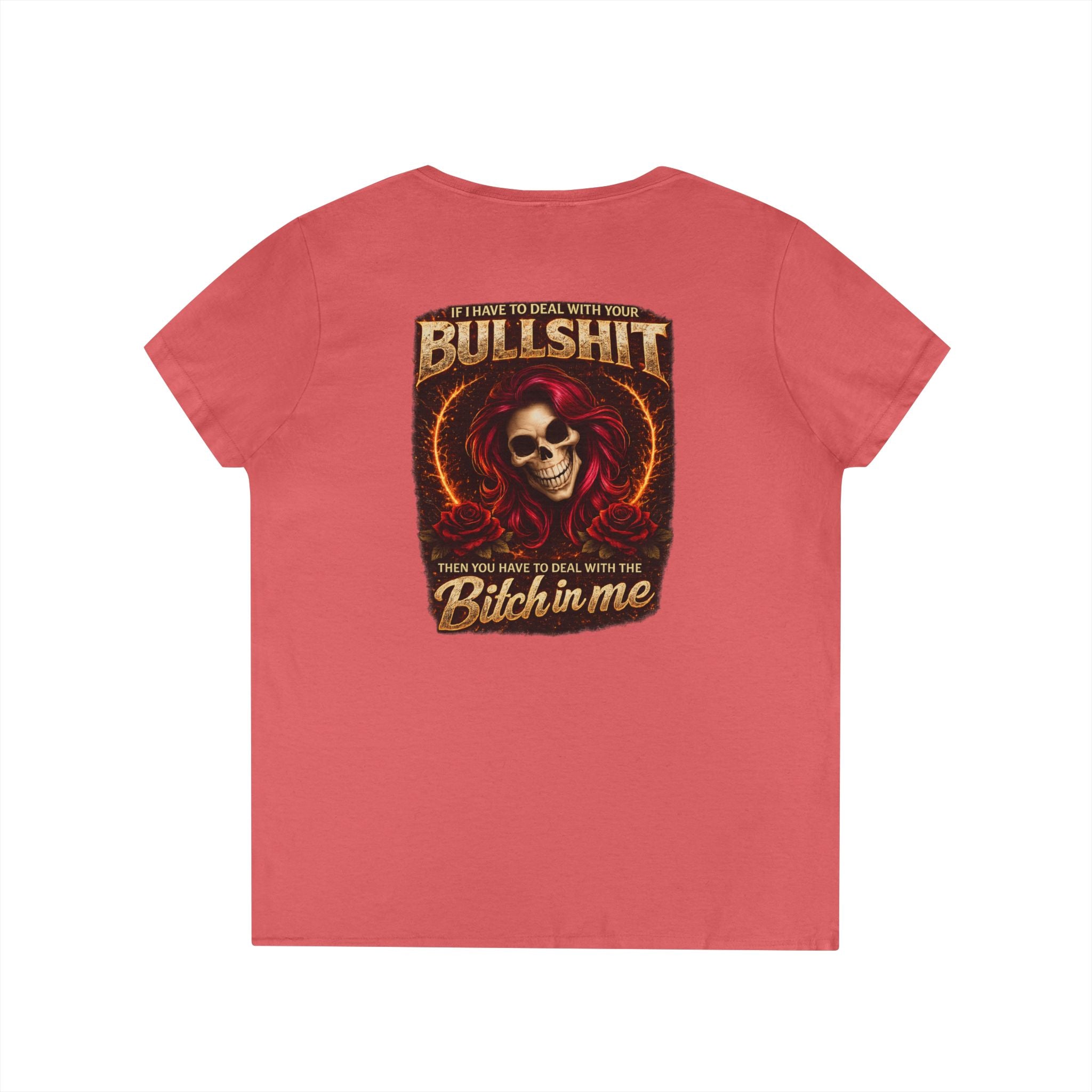 Ladies' V-Neck T-Shirt — 'Bullshit & Bitch in Me' Skull Graphic Tee