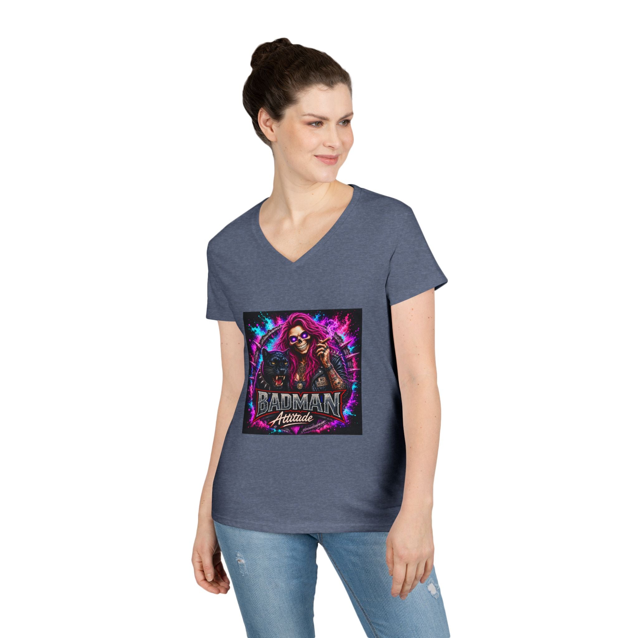 'Badman Attitude' Graphic Tee — Ladies' V-Neck T-Shirt Neon