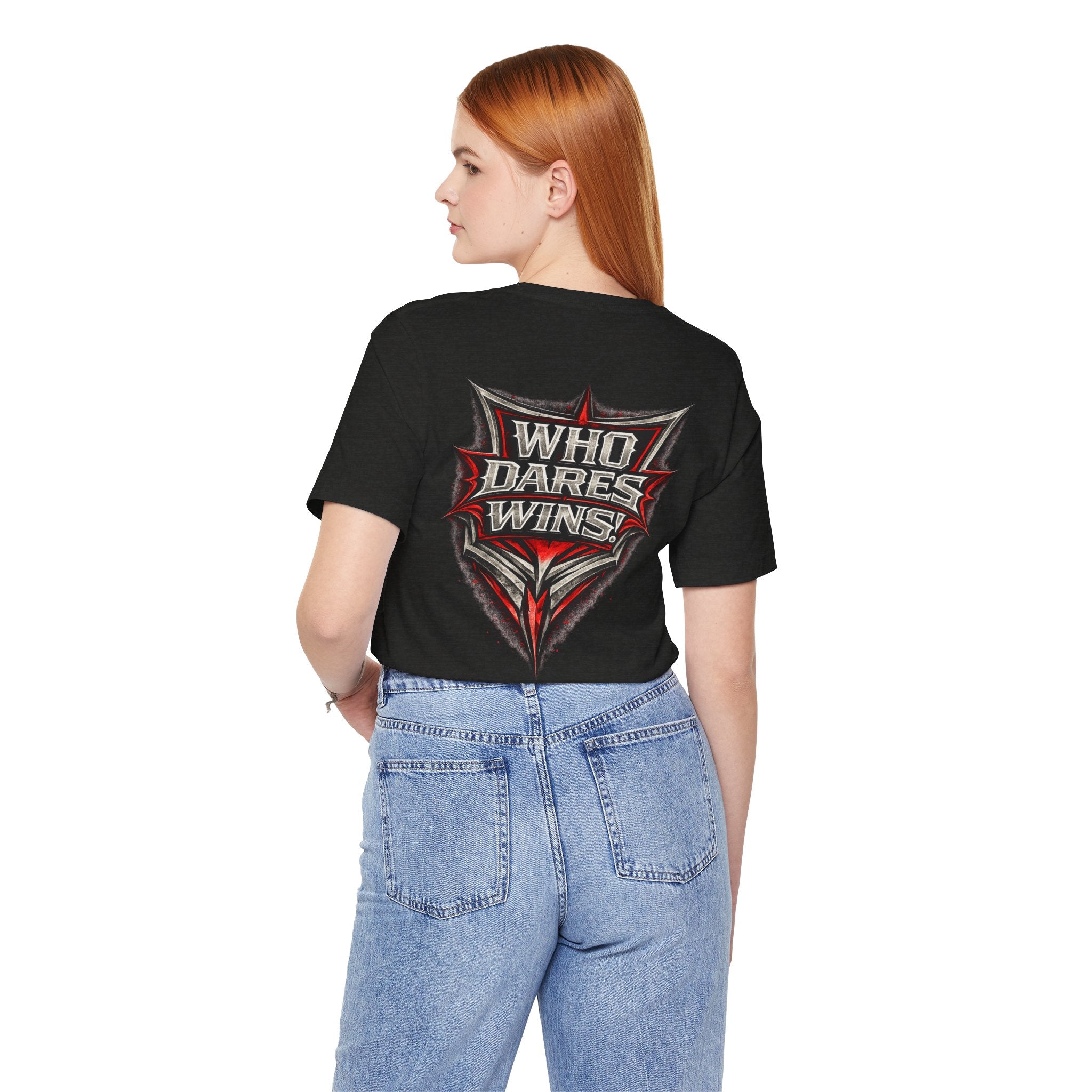 Who Dares Wins Graphic Tee — Bold Red & Silver Shield Design