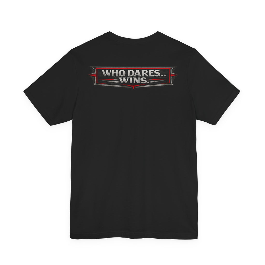 WHO DARES… WINS. | Bold Statement Biker T-Shirt – Back Print Graphic Tee