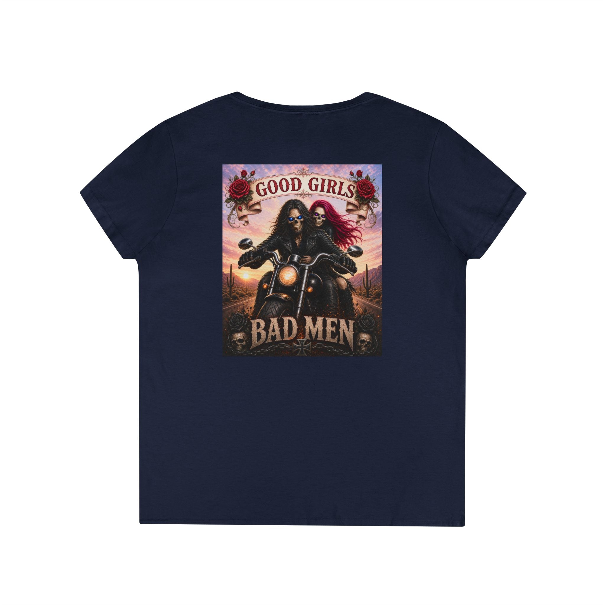 "Good Girls & Bad Men" Biker Graphic Tee Ladies' V-Neck T-Shirt