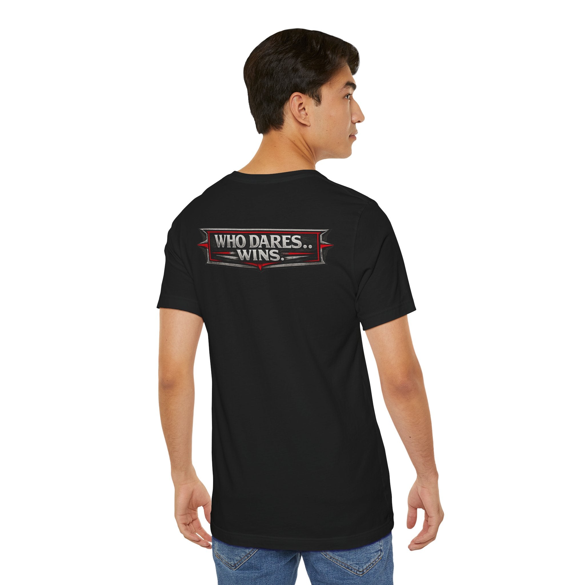 WHO DARES… WINS. | Bold Statement Biker T-Shirt – Back Print Graphic Tee