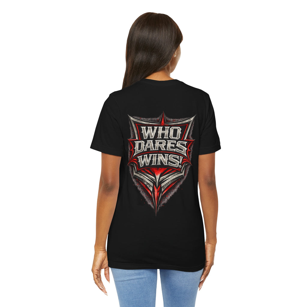 Who Dares Wins Graphic Tee — Bold Red & Silver Shield Design