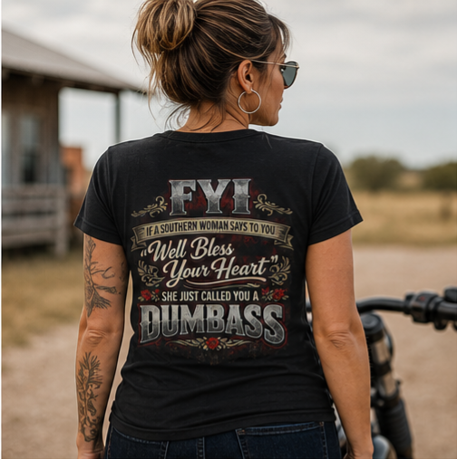 'FYI Well Bless Your Heart...She Just Called You A Dumbass' Southern Sassy Graphic Tee –  Ladies' V-Neck T-Shirt