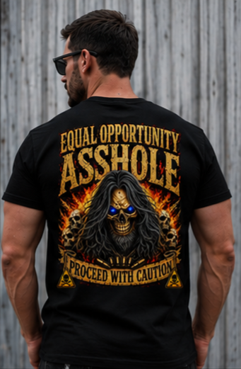 "Equal Opportunity Asshole" Graphic Tee with Skull & Flames (Proceed With Caution)