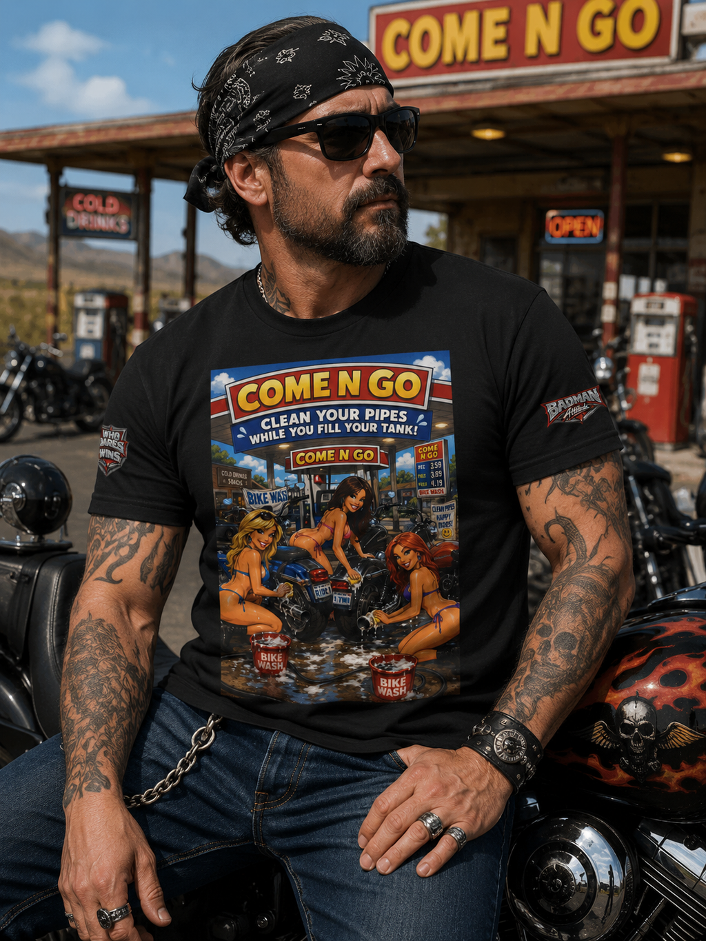 “Come N Go” Retro Mechanic Artwork — Vintage Pinup Garage Tee
