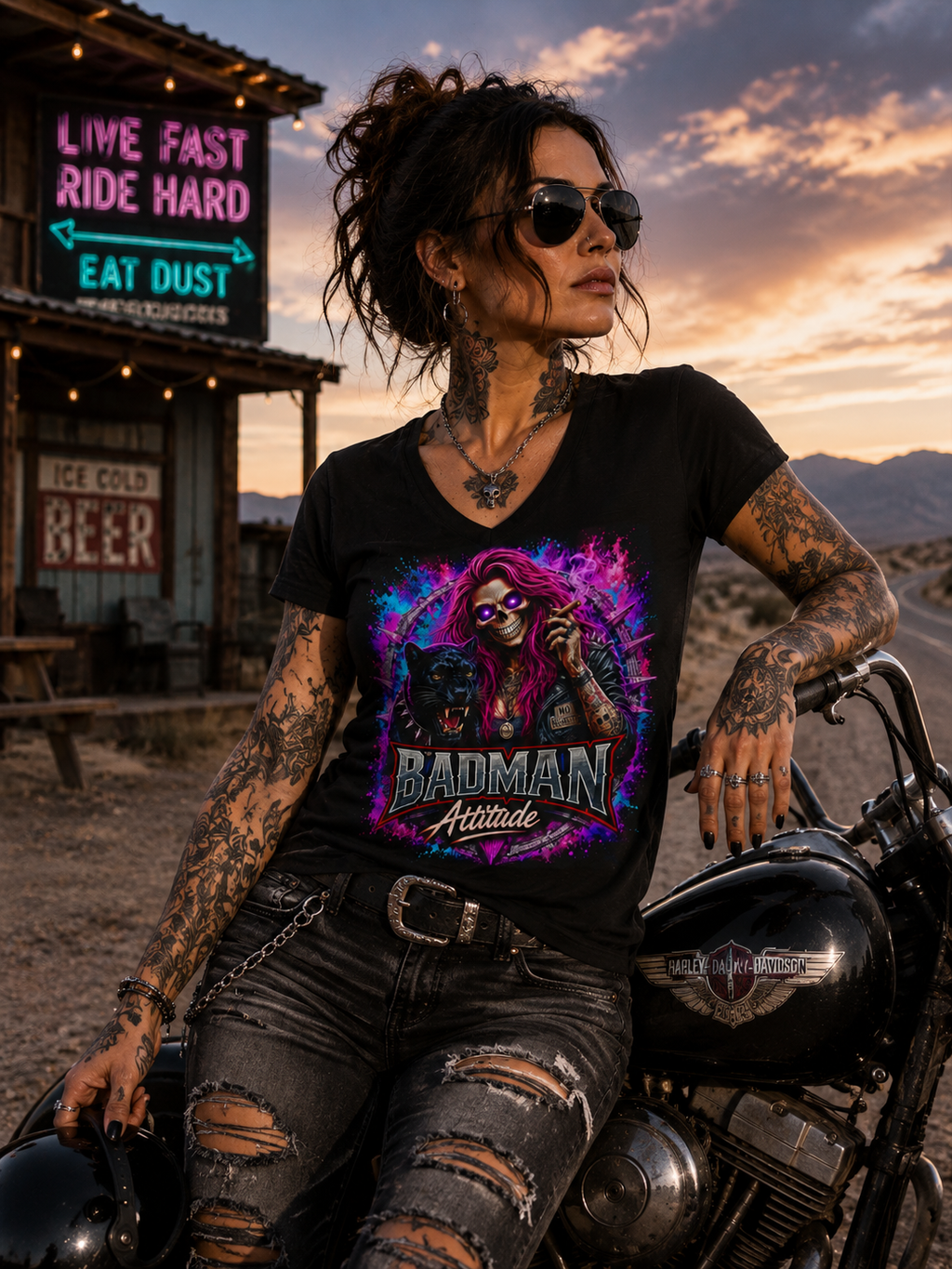 'Badman Attitude' Graphic Tee — Ladies' V-Neck T-Shirt Neon