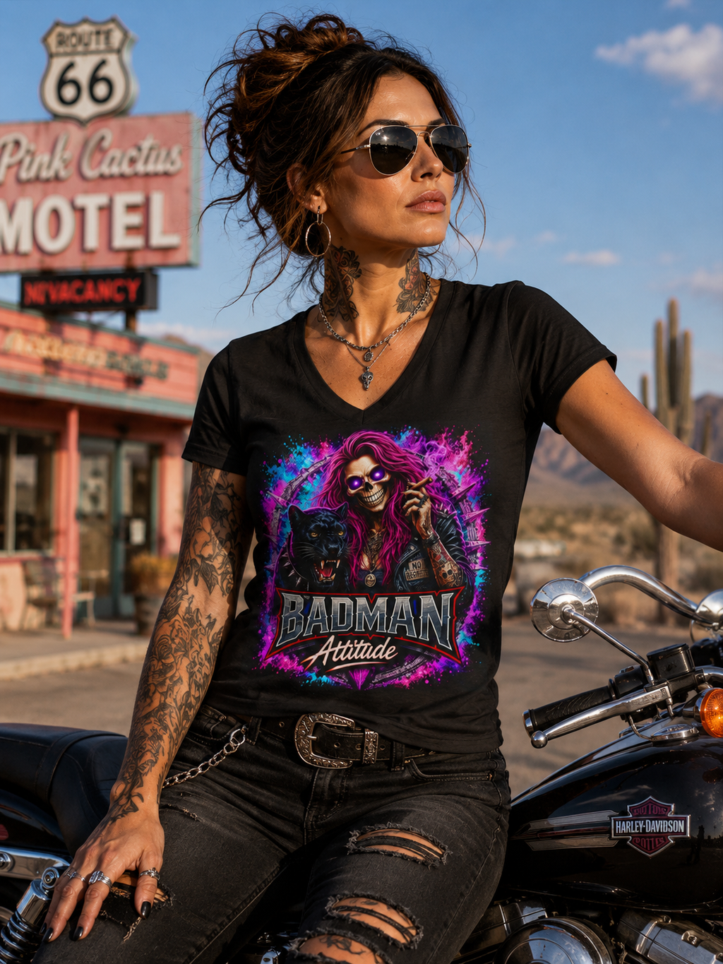 'Badman Attitude' Graphic Tee — Ladies' V-Neck T-Shirt Neon