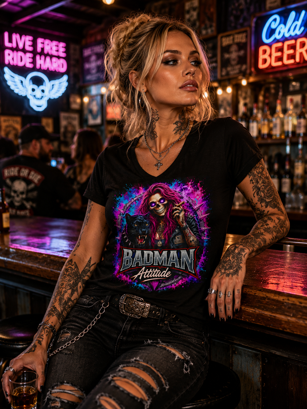 'Badman Attitude' Graphic Tee — Ladies' V-Neck T-Shirt Neon