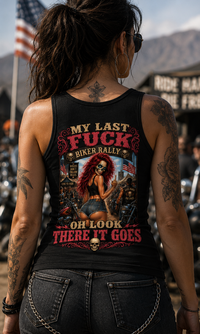 "My Last F*ck" Biker Pinup Vintage Skull Design — Women's Graphic Tank Top