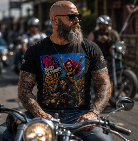 Bad Girls Bad Decisions Great Times Tee - Biker Rock Graphic T-Shirt