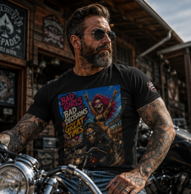 Bad Girls Bad Decisions Great Times Tee - Biker Rock Graphic T-Shirt