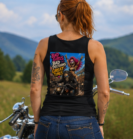 "Bad Girls, Bad Decisions, Great Times" Women's Ribbed Tank — Bad Girls Graphic Tank Top