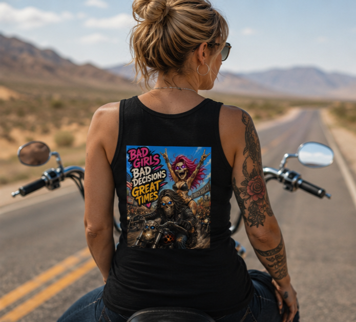 "Bad Girls, Bad Decisions, Great Times" Women's Ribbed Tank — Bad Girls Graphic Tank Top