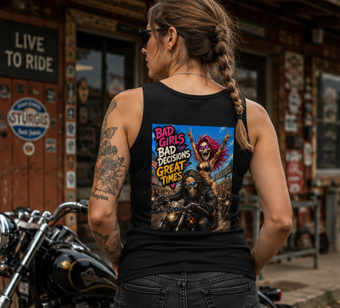"Bad Girls, Bad Decisions, Great Times" Women's Ribbed Tank — Bad Girls Graphic Tank Top