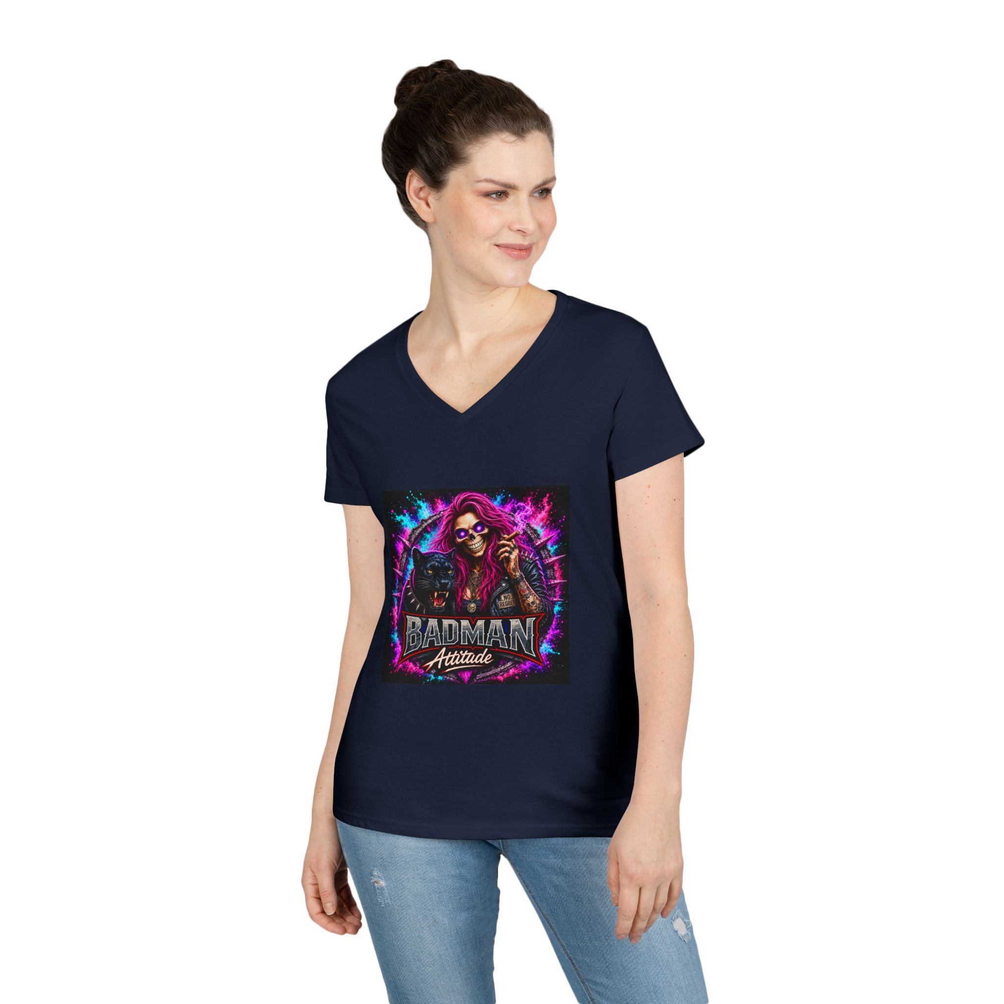 'Badman Attitude' Graphic Tee — Ladies' V-Neck T-Shirt Neon