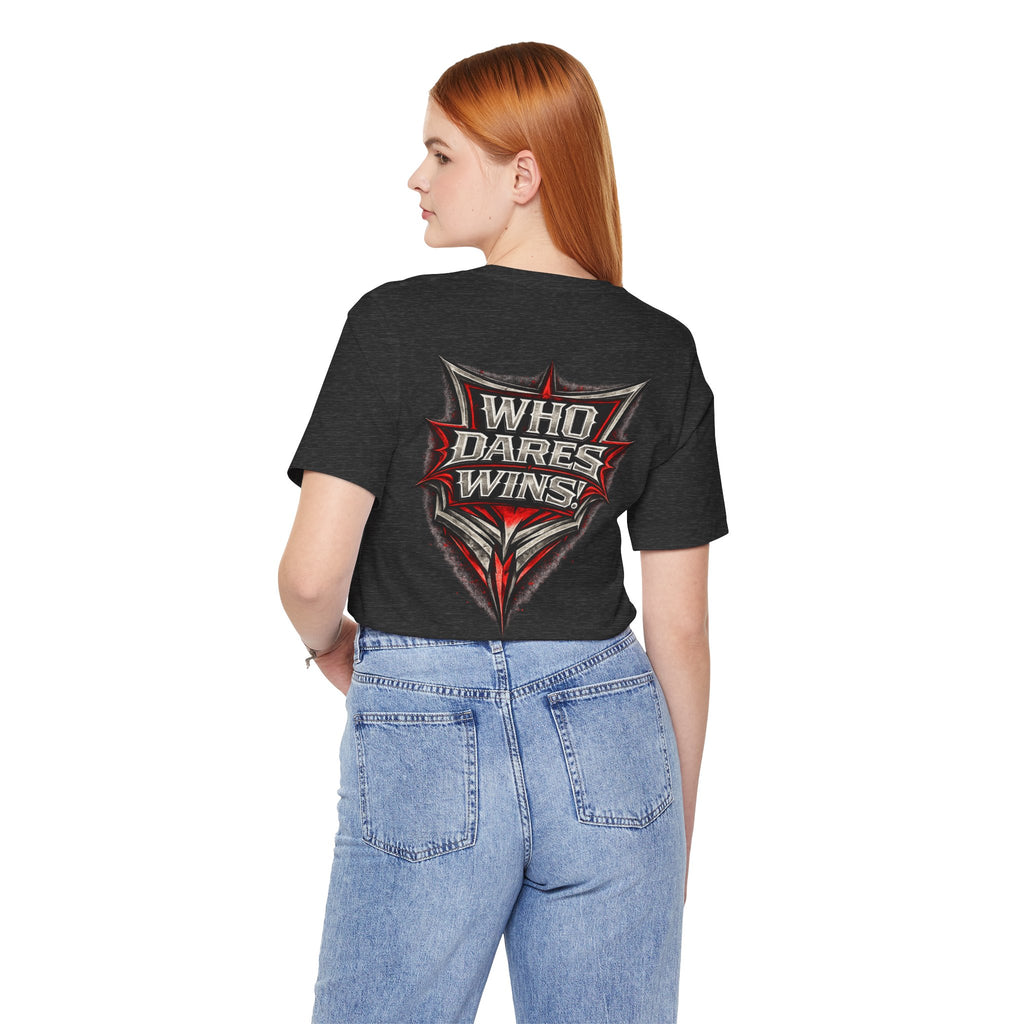 Who Dares Wins Graphic Tee — Bold Red & Silver Shield Design