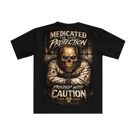 "Medicated for Your Protection, Proceed With Caution"--Skull Biohazard Graphic Tee