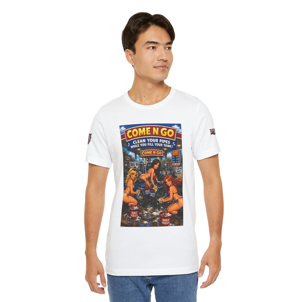 “Come N Go” Retro Mechanic Artwork — Vintage Pinup Garage Tee