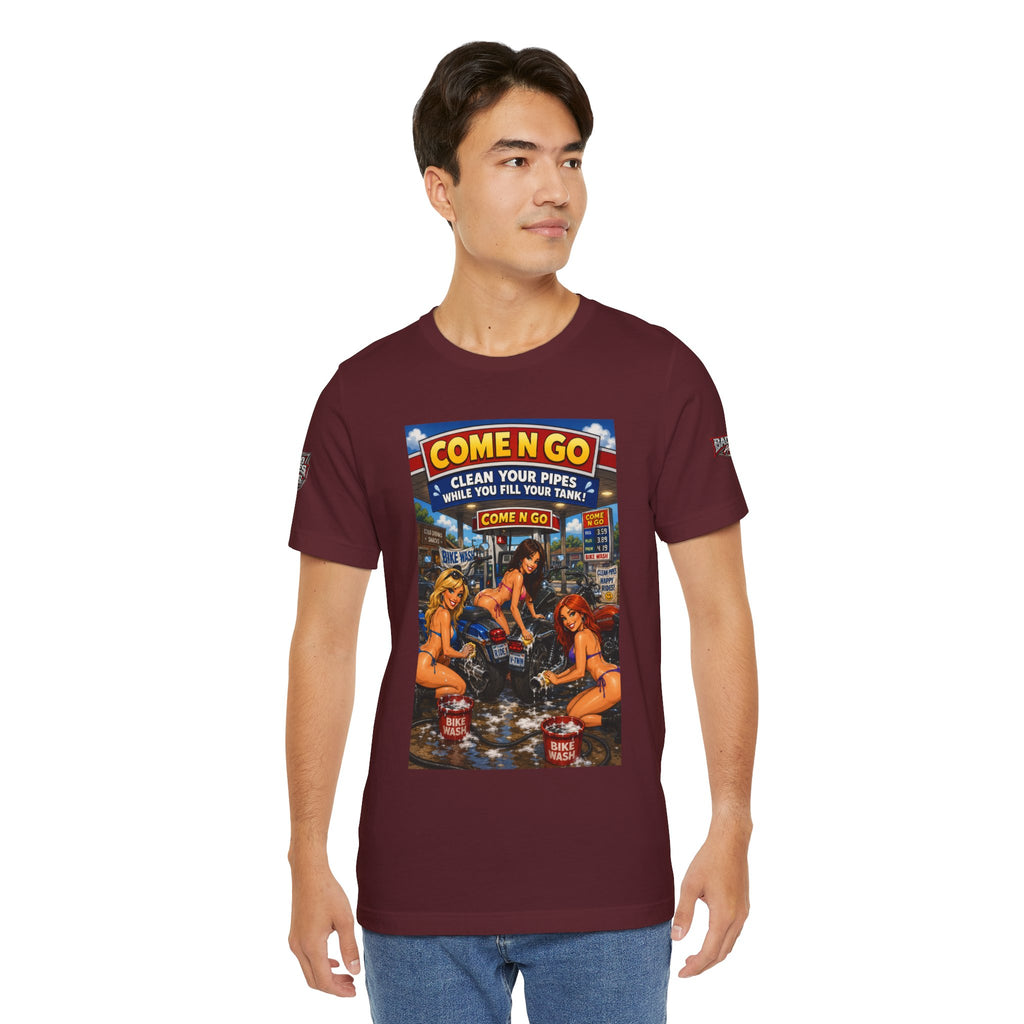 “Come N Go” Retro Mechanic Artwork — Vintage Pinup Garage Tee