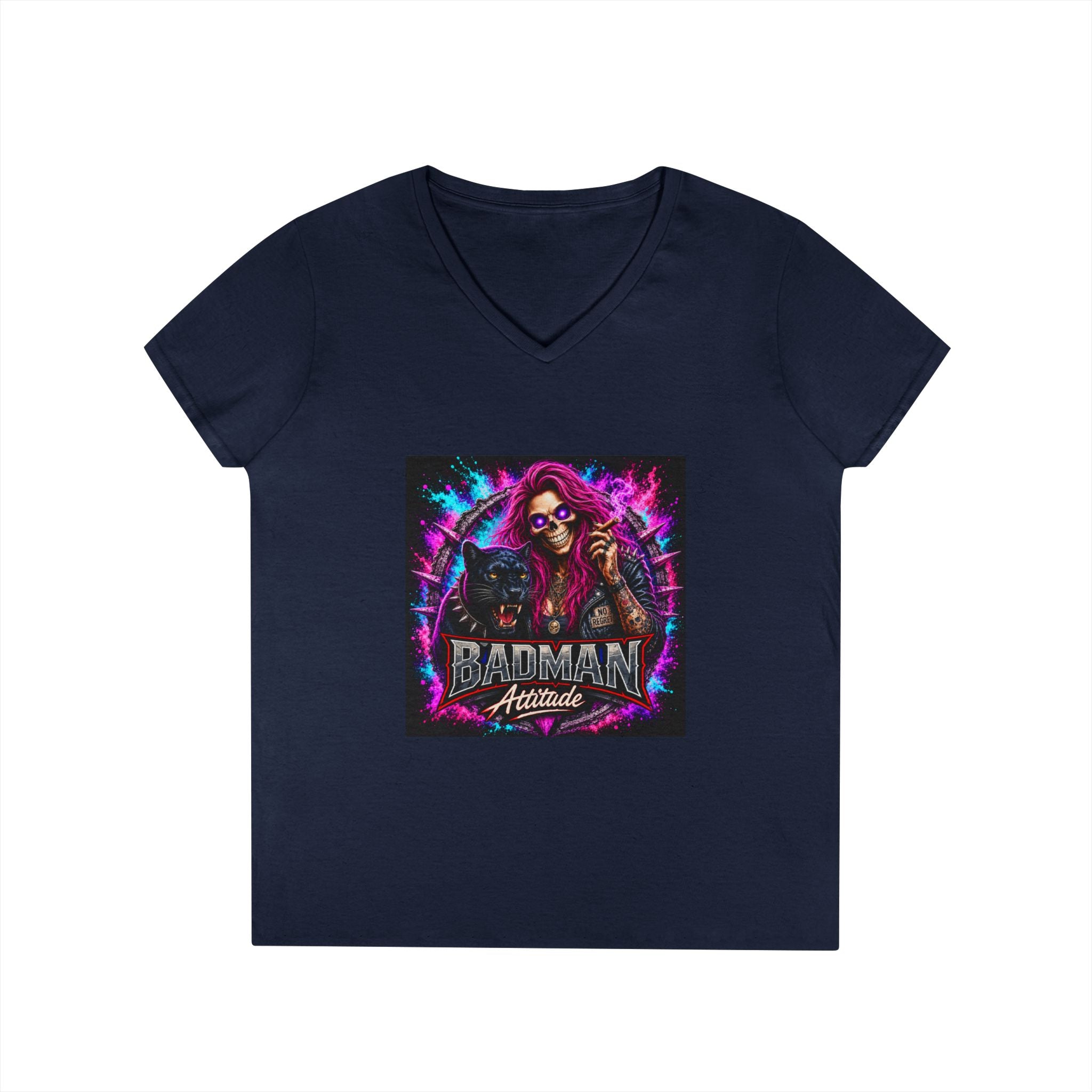 'Badman Attitude' Graphic Tee — Ladies' V-Neck T-Shirt Neon
