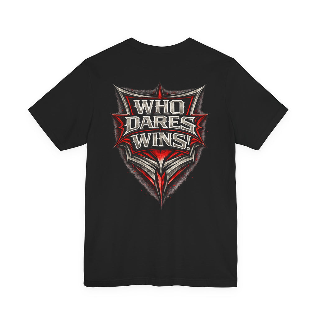 Who Dares Wins Graphic Tee — Bold Red & Silver Shield Design