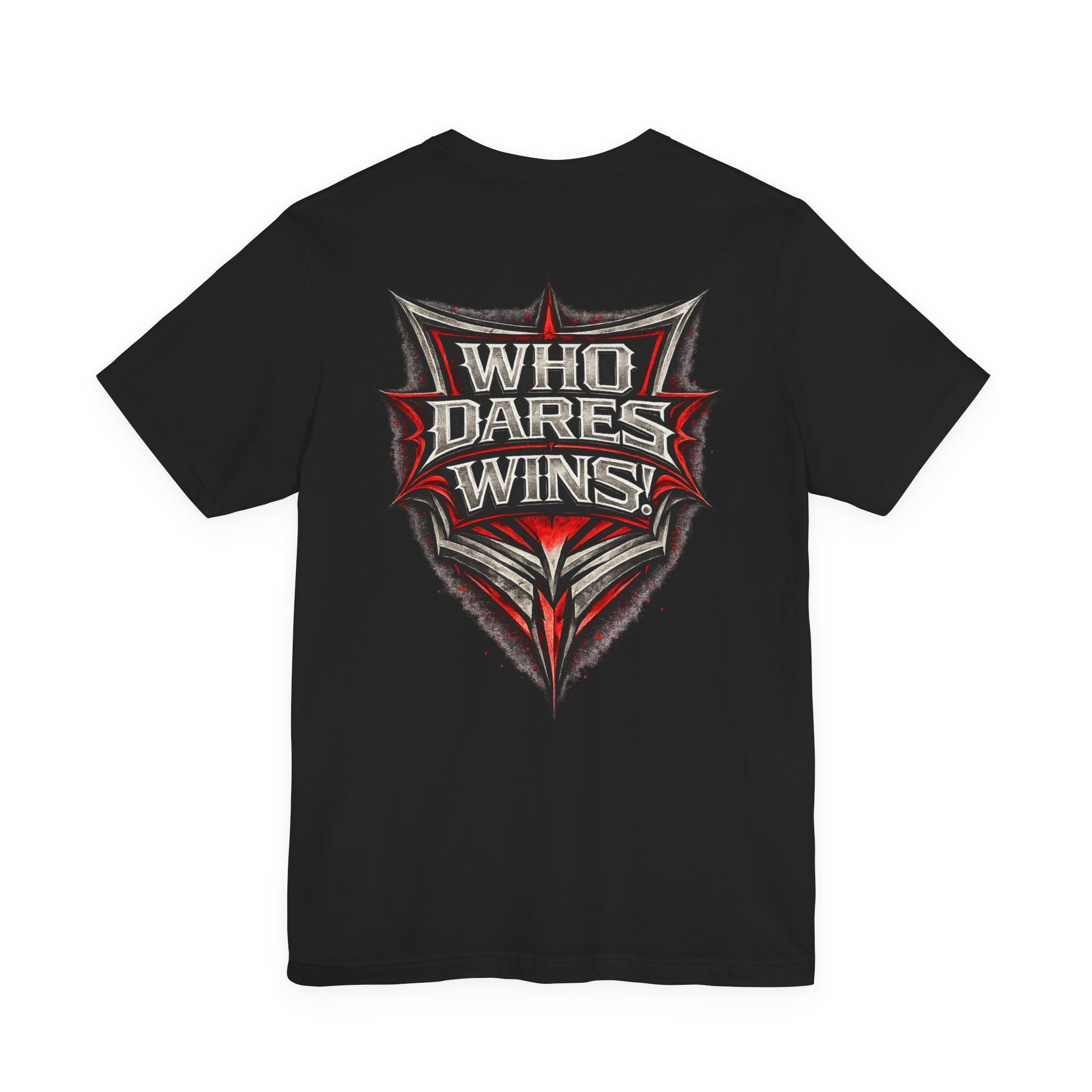 Who Dares Wins Graphic Tee — Bold Red & Silver Shield Design