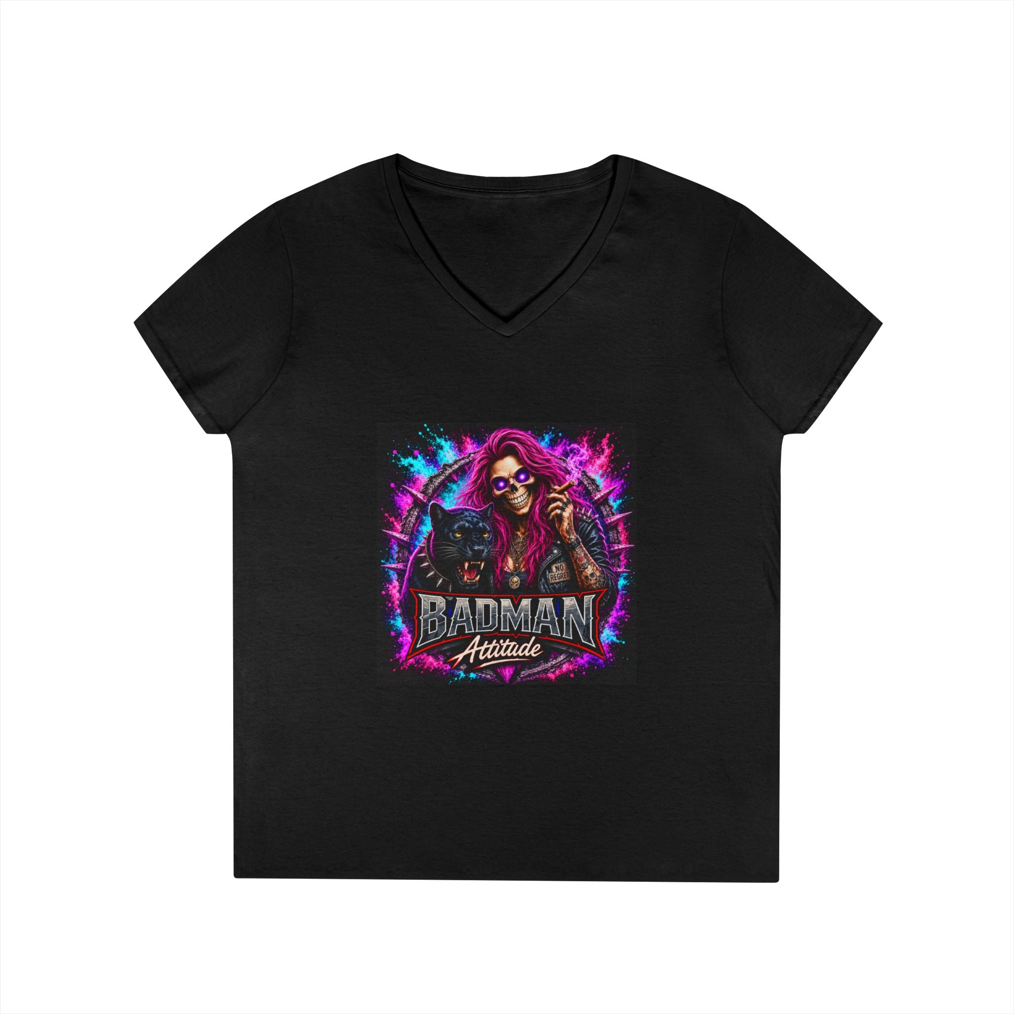 'Badman Attitude' Graphic Tee — Ladies' V-Neck T-Shirt Neon