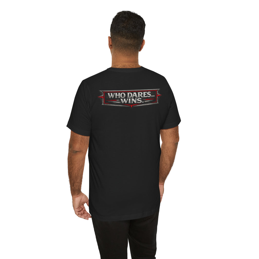 WHO DARES… WINS. | Bold Statement Biker T-Shirt – Back Print Graphic Tee