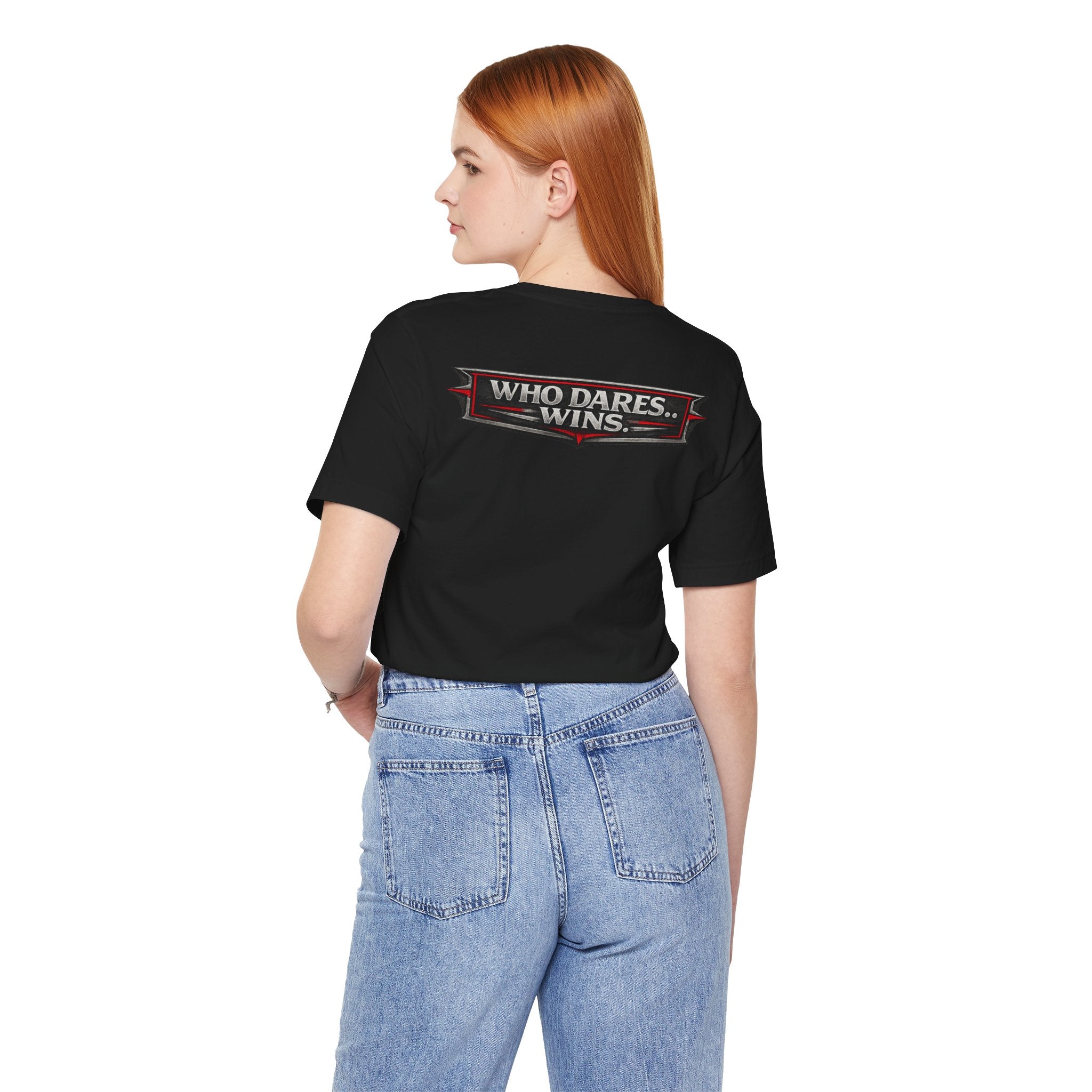 WHO DARES… WINS. | Bold Statement Biker T-Shirt – Back Print Graphic Tee