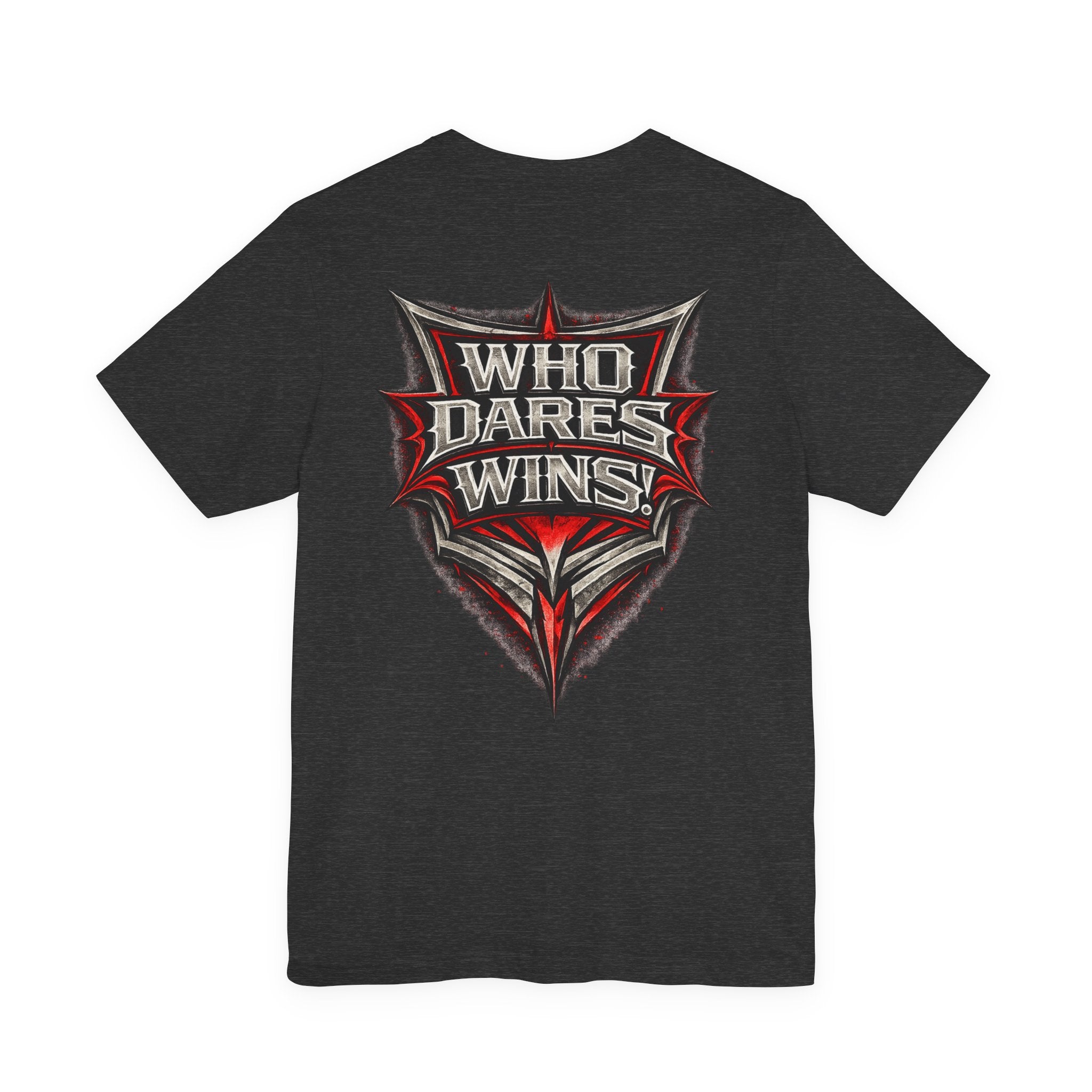 Who Dares Wins Graphic Tee — Bold Red & Silver Shield Design