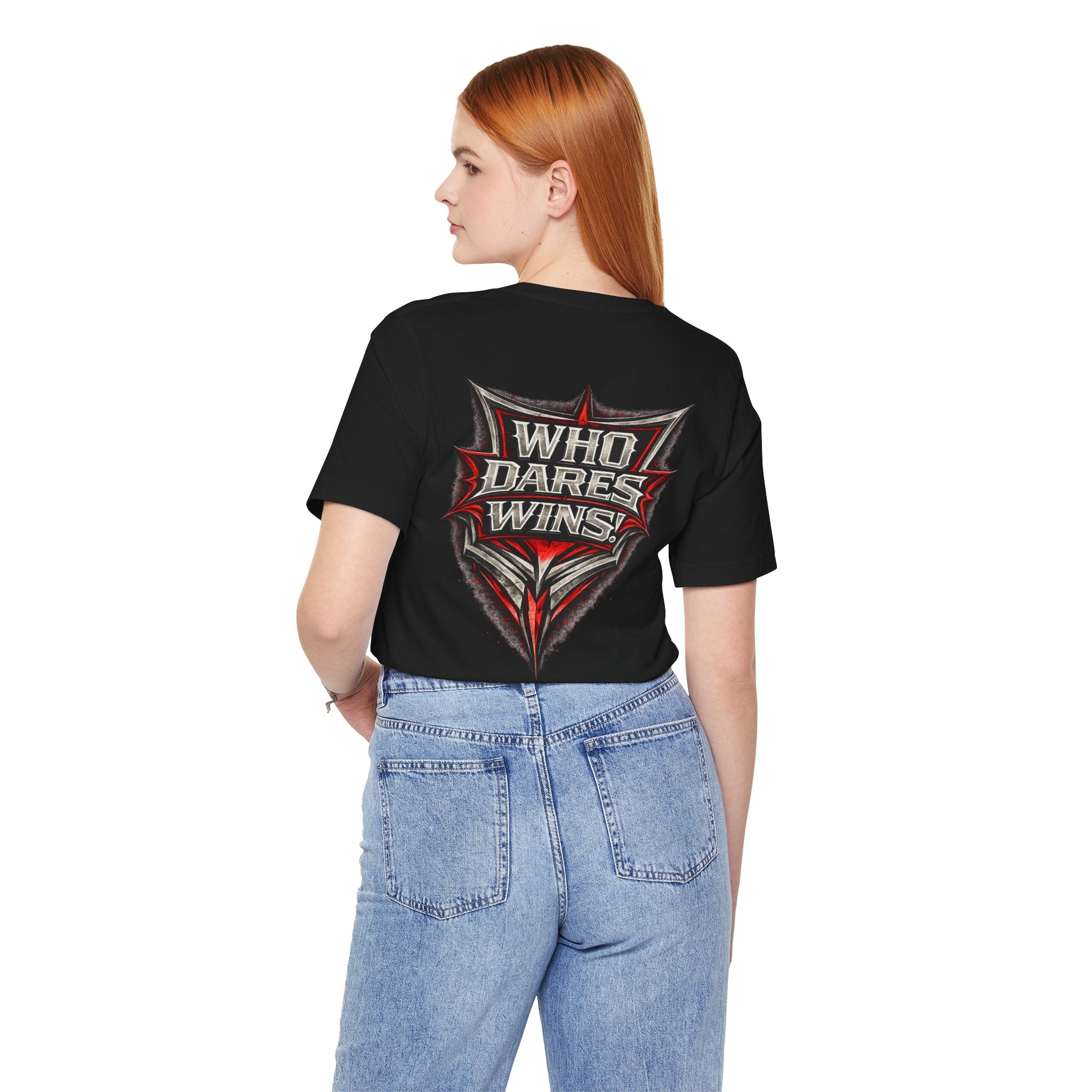 Who Dares Wins Graphic Tee — Bold Red & Silver Shield Design