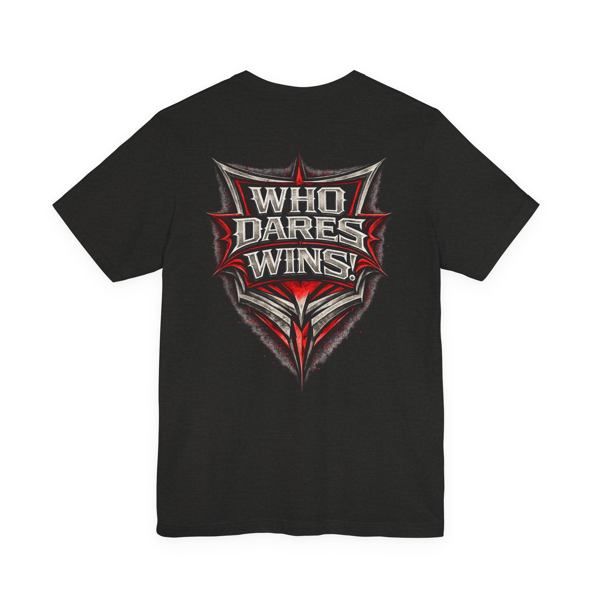 Who Dares Wins Graphic Tee — Bold Red & Silver Shield Design