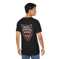 Who Dares Wins Graphic Tee — Bold Red & Silver Shield Design