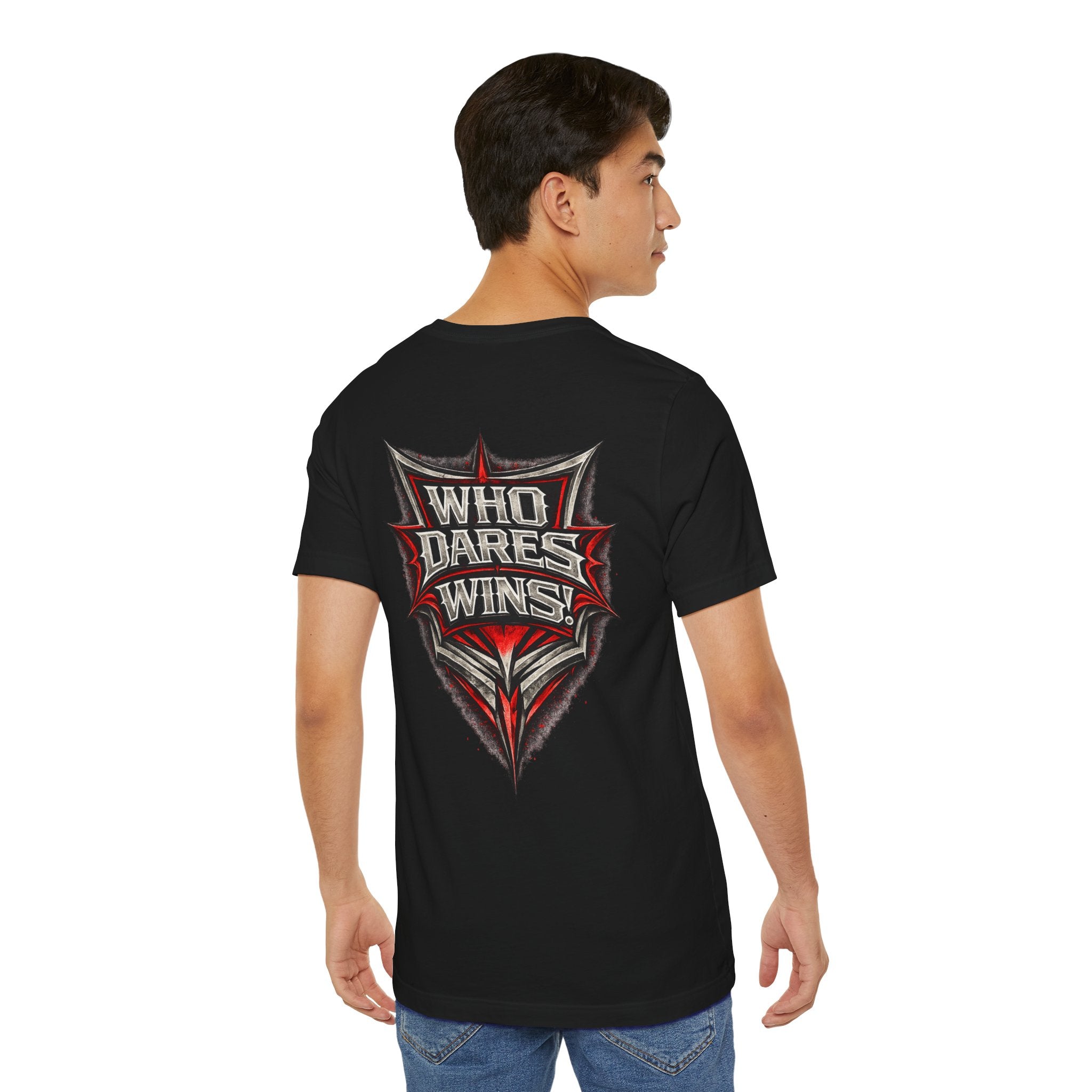 Who Dares Wins Graphic Tee — Bold Red & Silver Shield Design