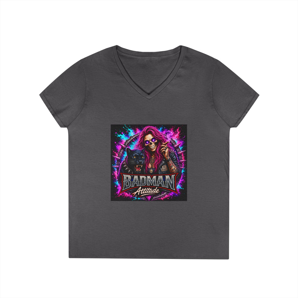 'Badman Attitude' Graphic Tee — Ladies' V-Neck T-Shirt Neon